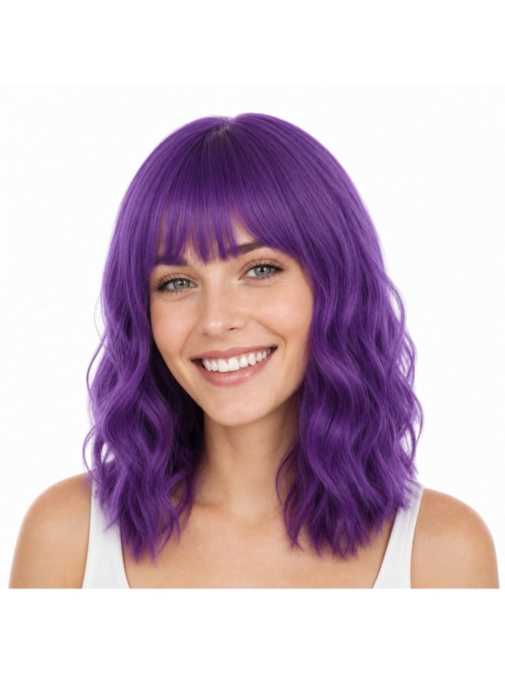 Women's Dark Purple Short Wavy Curly Bob Wig with Bangs 14 Inch Synthetic Hair